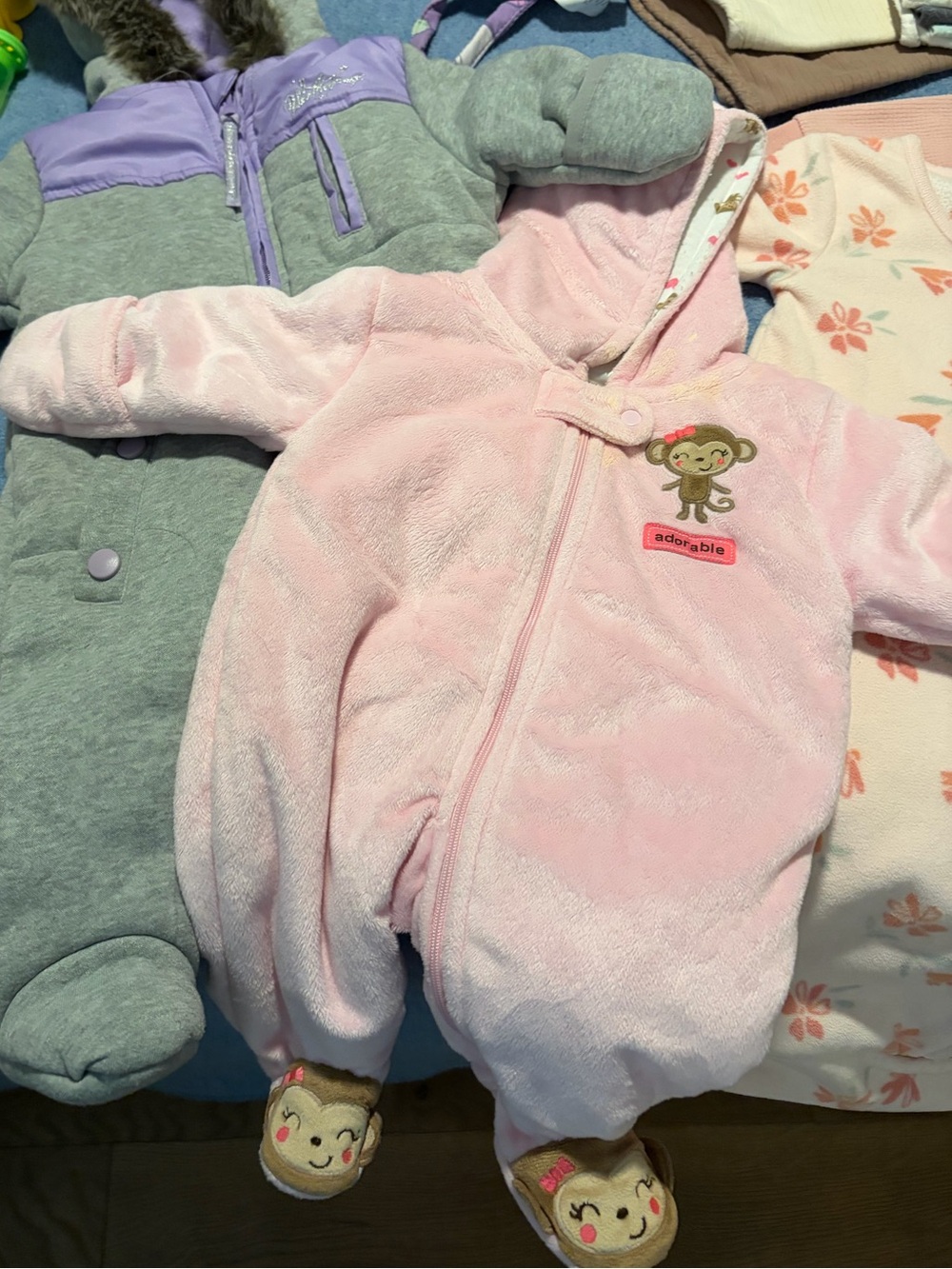 Kids Plush Pink Hooded One-Piece with Monkey Accent